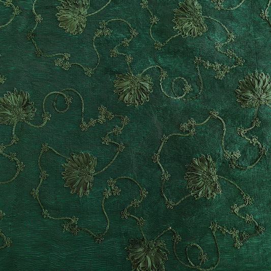 Bonded Plisse with 3D Floral Embroidery - Green