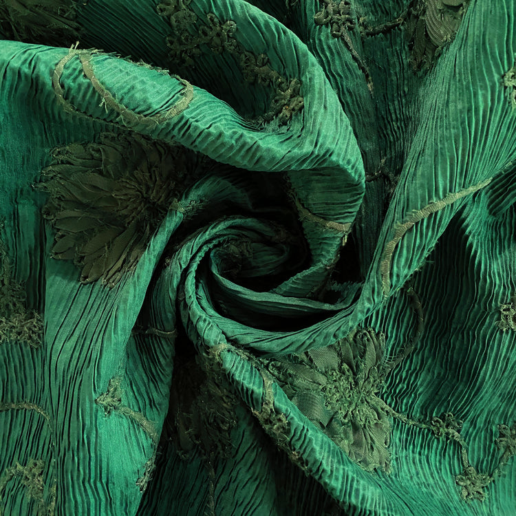 Bonded Plisse with 3D Floral Embroidery - Green / Olive Drab