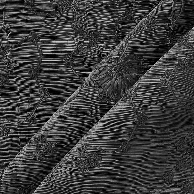 Bonded Plisse with 3D Floral Embroidery - Black