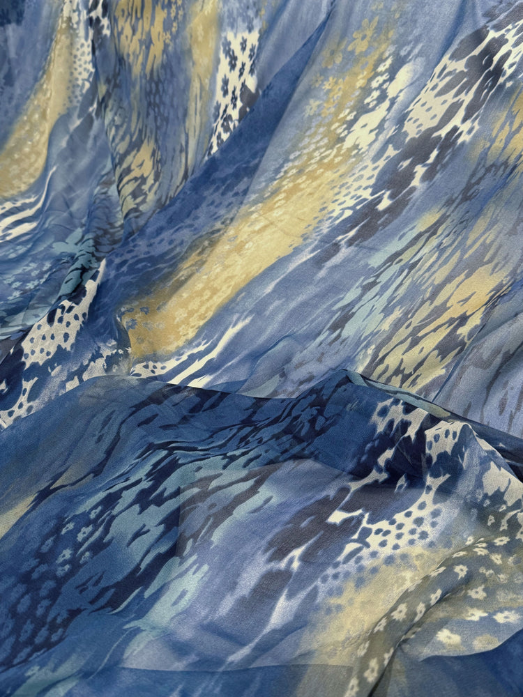 Floral River Current Silk Chiffon - Steel Blue/Pale Goldenrod