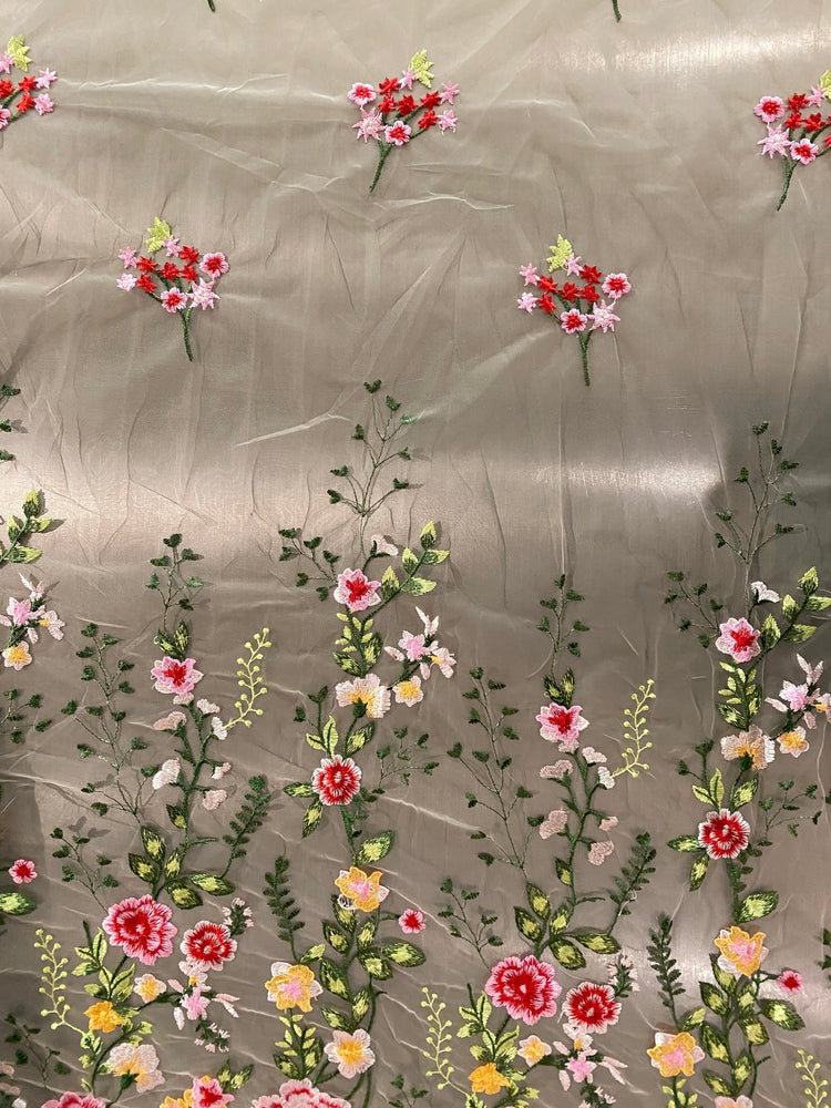 Garden Bouquet Embroidered Tulle - Pink / Forest Green