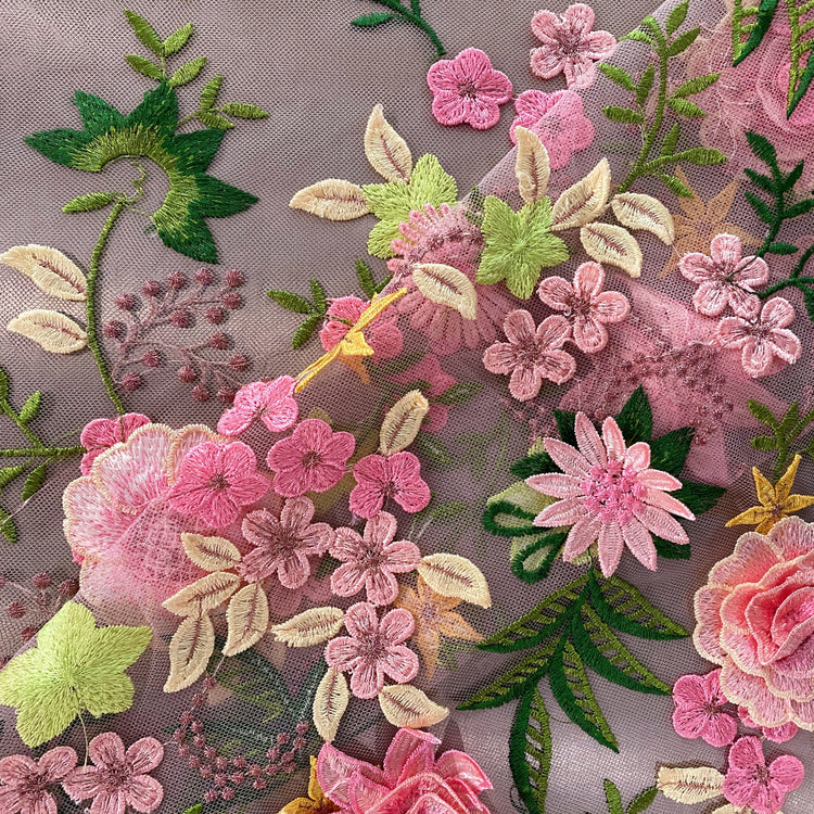 Tanti Fiori Embroidered 3D Applique Floral Tulle - Pink / Chartreuse