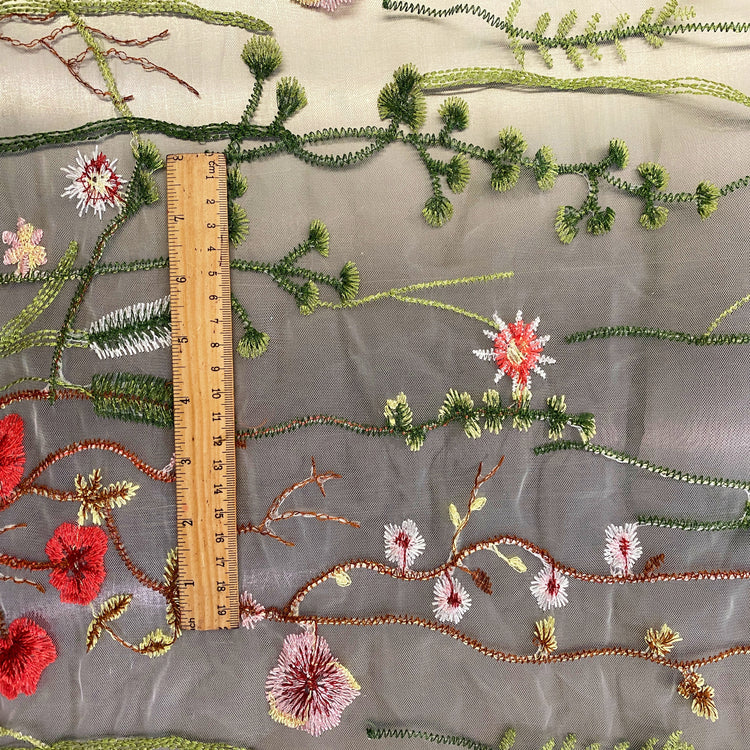Wildflower Meadow Embroidered Tulle - Green/White