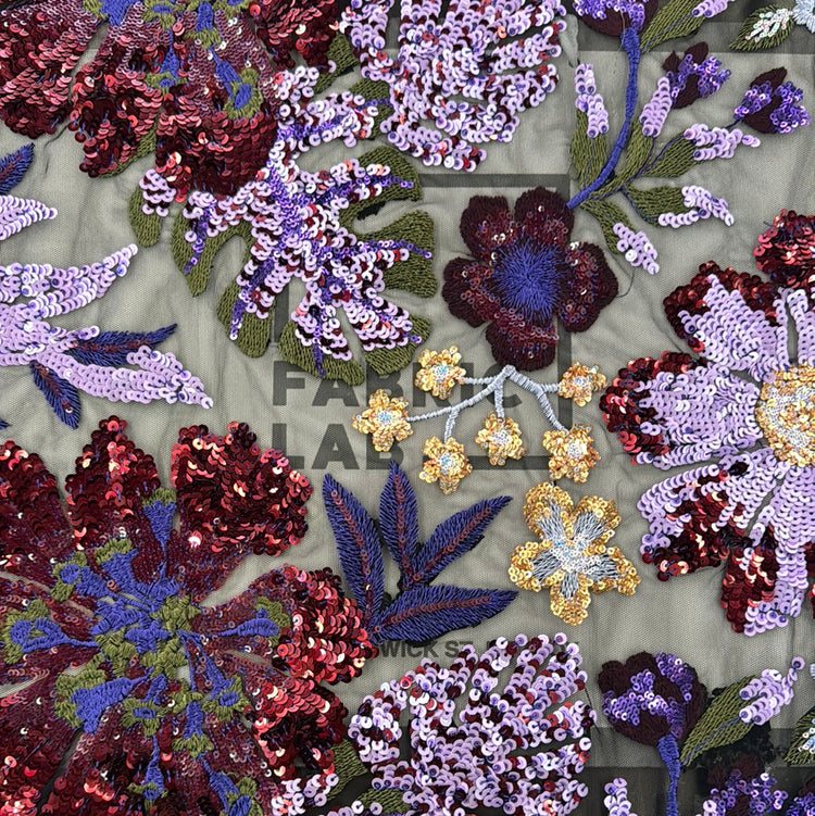 Large Flora Sequinned Net - Purple/Burgundy