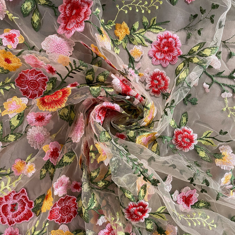 Garden Bouquet Embroidered Tulle - Pink / Forest Green