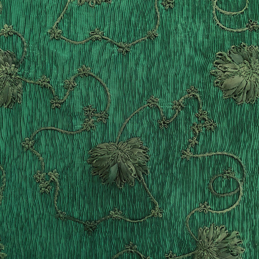 Bonded Plisse with 3D Floral Embroidery - Green / Olive Drab
