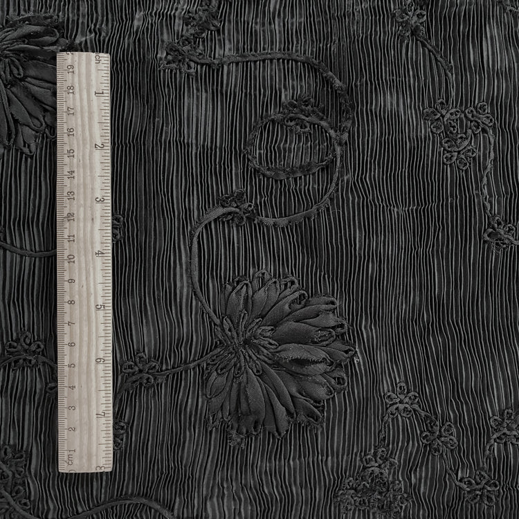 Bonded Plisse with 3D Floral Embroidery - Black