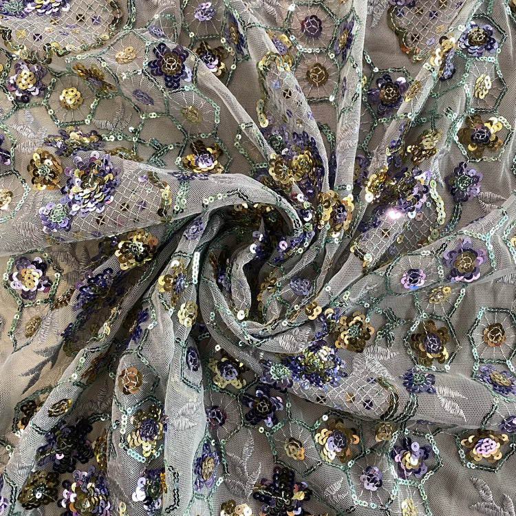 Geometric Floral Vine Sequined Tulle - Lavender/Pale Green