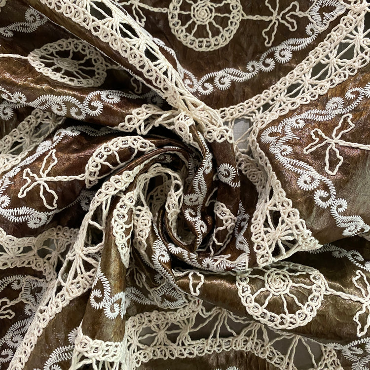 Bohemian Crochet Embroidered Satin - Shibori Dye - Saddle Brown