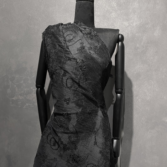 Bonded Plisse with 3D Floral Embroidery - Black