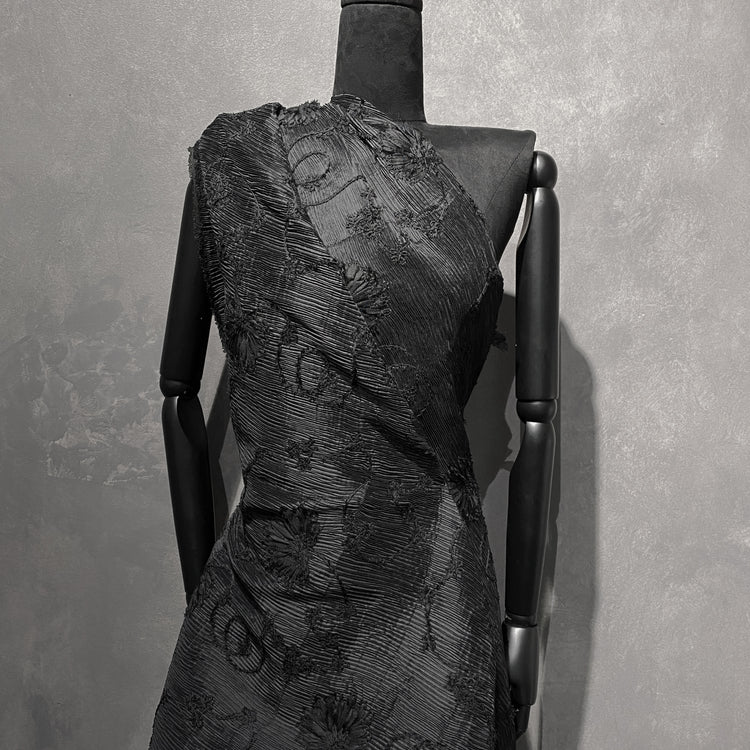 Bonded Plisse with 3D Floral Embroidery - Black