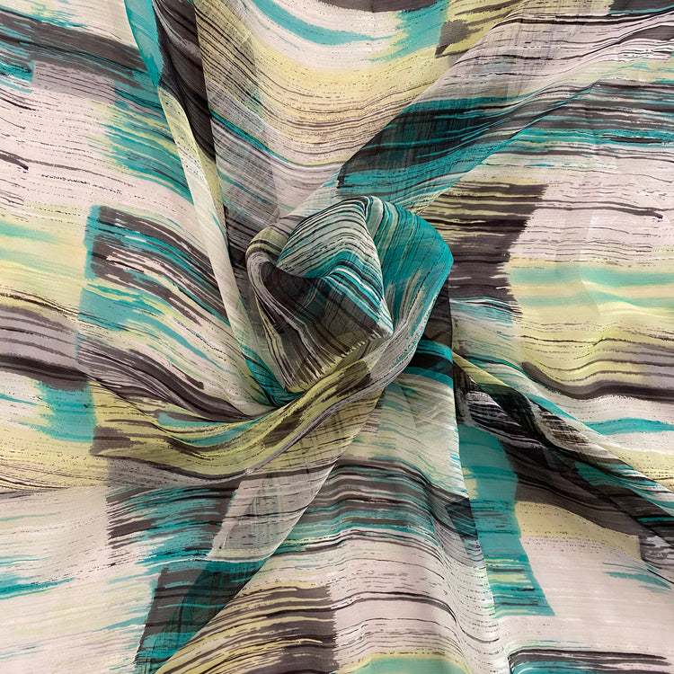 Brushstroke Squares Sheer Silk Chiffon - Aqua/Black