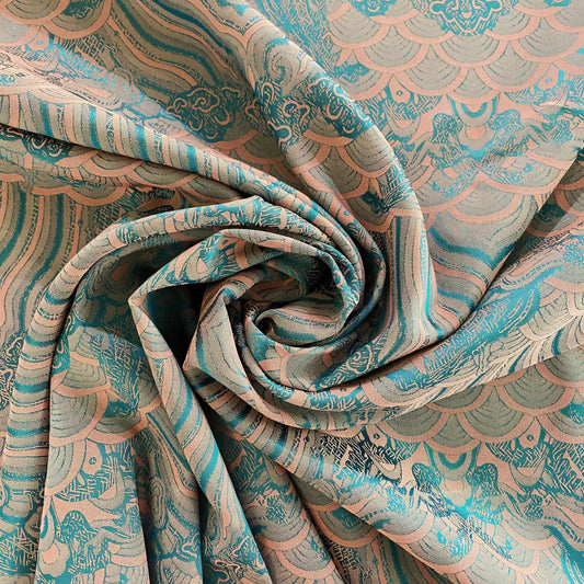 Seigaiha Motif Damask Woven - Salmon / Teal