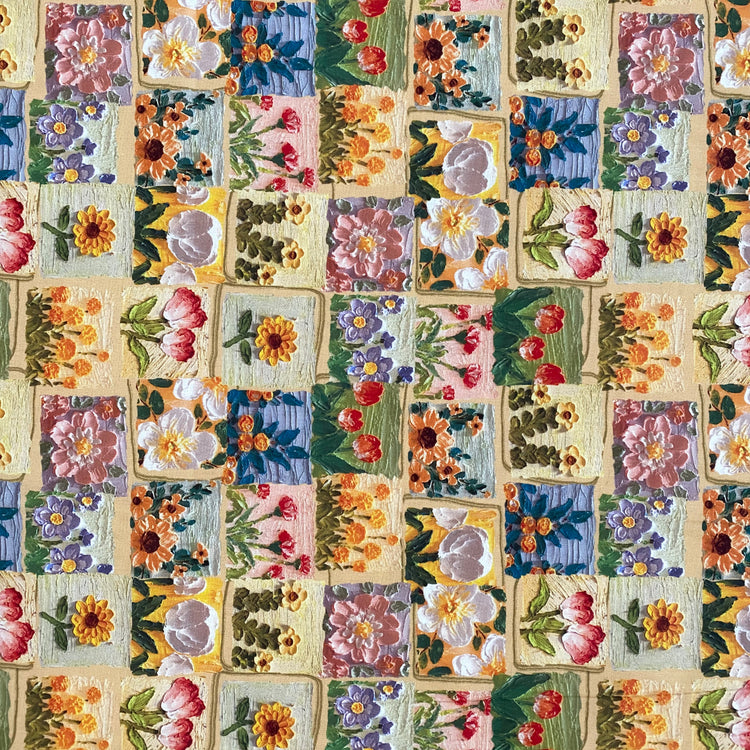 Oil-Painted Floral Blocks Cotton Lawn - Yellow