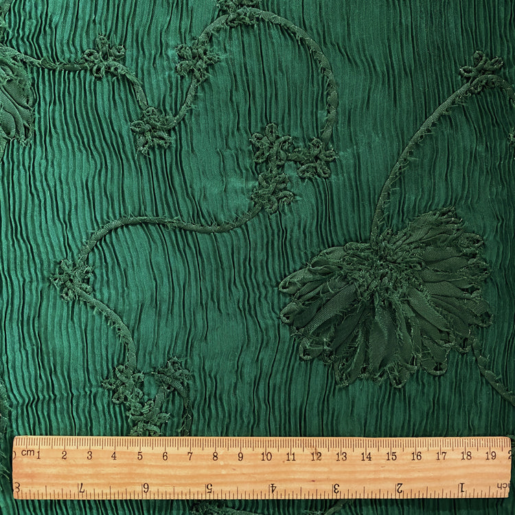 Bonded Plisse with 3D Floral Embroidery - Green / Olive Drab