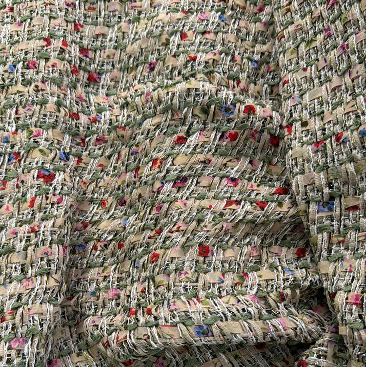 Field of Flowers Loose Woven Tweed - Green/Cherry