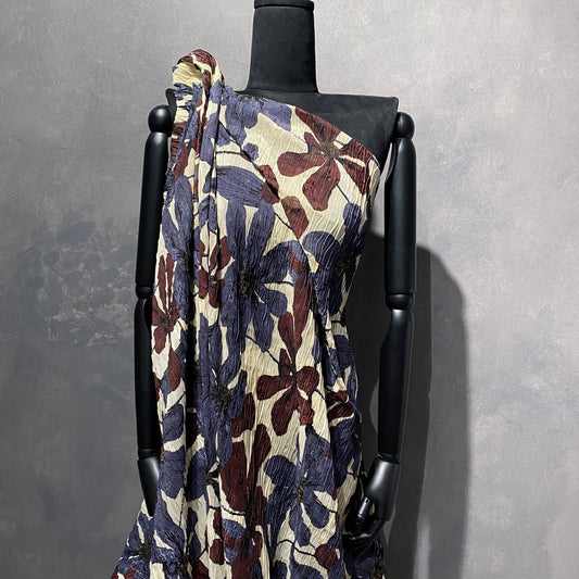 Clematis Wave Pleated Dobby Voile - Slate Blue / Bordeaux