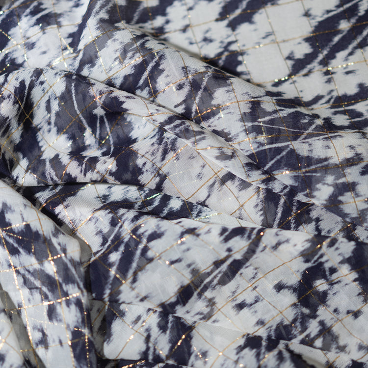 Abstract Charcoal Rubbing Silk & Lurex Check Chiffon - Navy/Ivory