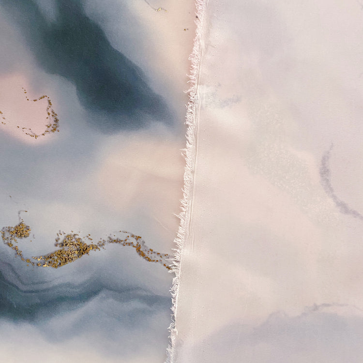 Rococo Marble Swirl Charmeuse - Steel Blue / Lavender / Gold