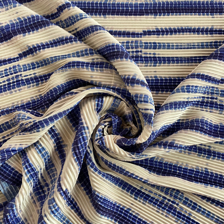 Shibori Stripe Satin Plisse - Cream/Blue