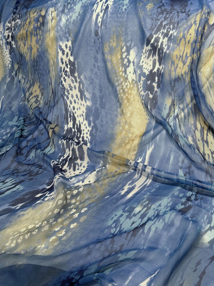 Floral River Current Silk Chiffon - Steel Blue/Pale Goldenrod