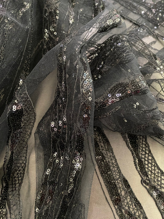 Abstract Bark - Embroidered Sequinned Netting - Black