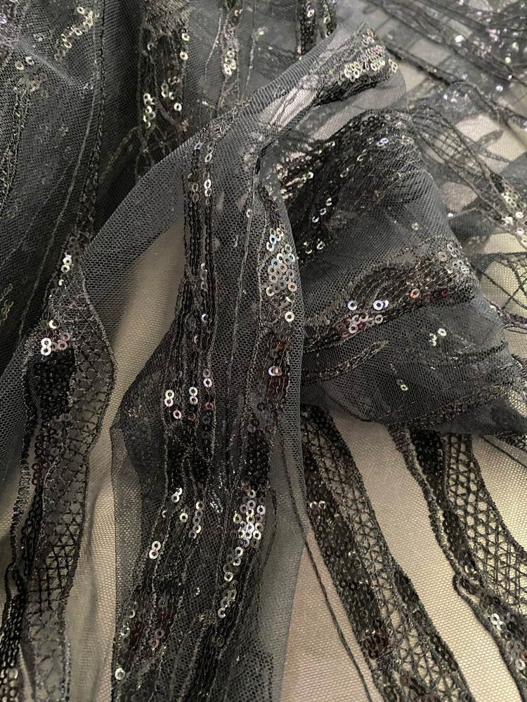 Abstract Bark - Embroidered Sequinned Netting - Black