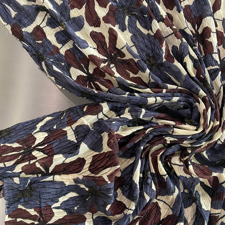 Clematis Wave Pleated Dobby Voile - Slate Blue / Bordeaux