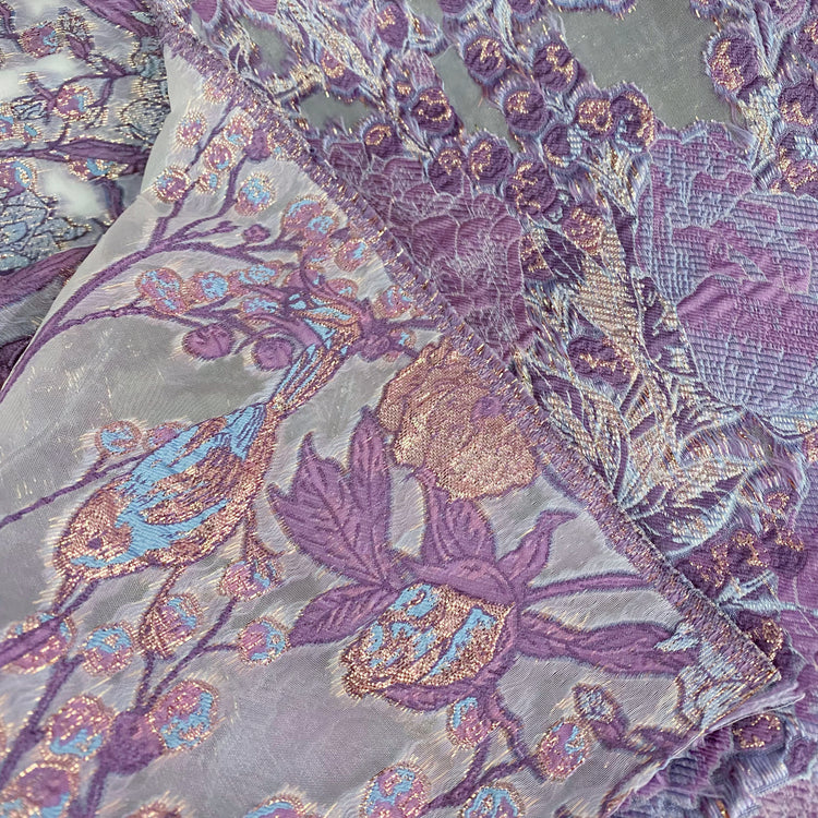 Metallic Floral/Birds Brocade Organza - Rose Gold/Pale Violet/Air Blue