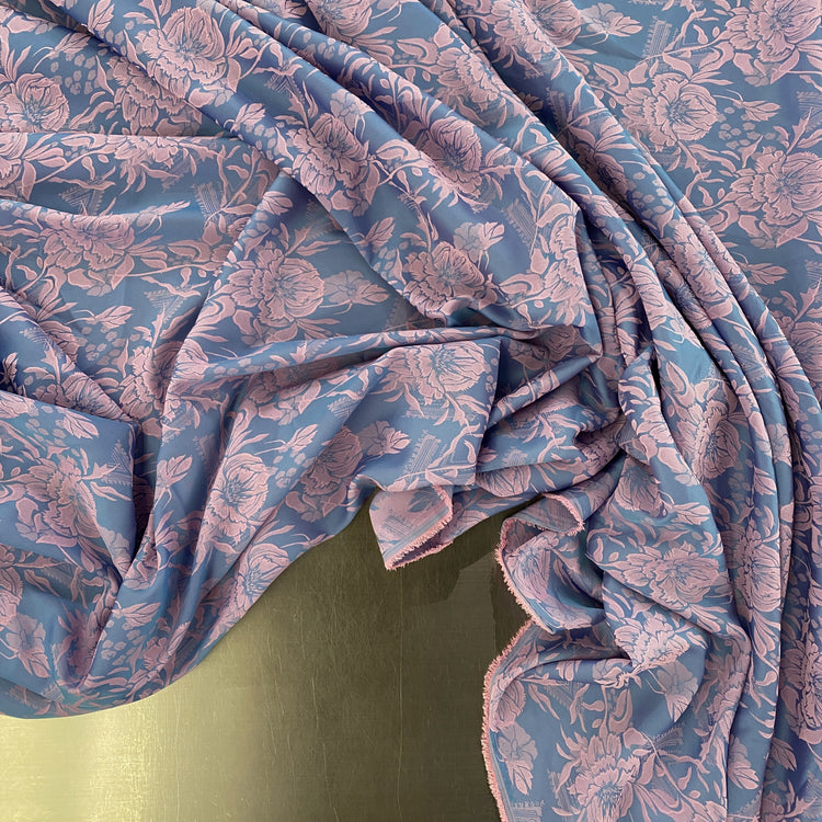 Lightweight Jacquard Layered Florals - Prussian Blue / Pink