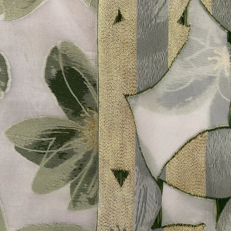 Tropical Flower Organza Jacquard - Light Green / White / Metallic Gold