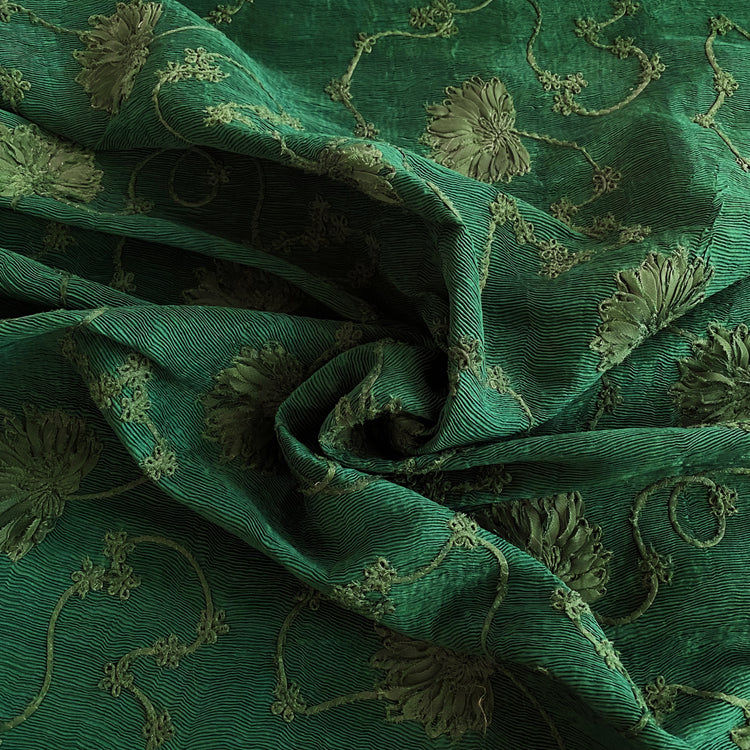 Bonded Plisse with 3D Floral Embroidery - Green