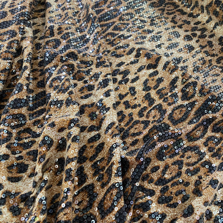 Sequinned Leopard Print Lycra/PET Jersey - Tan/Black