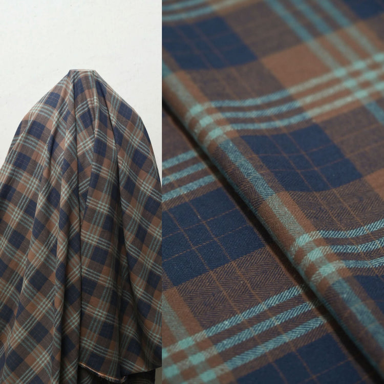 Herringbone Cotton Flannel Check - Midnight Blue/Saddle Brown