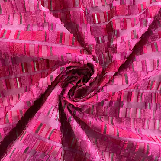 Rectangular Checkerboard Fringe Devore Organza - Fuchsia