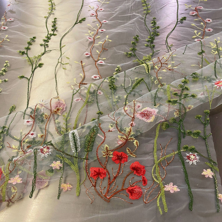 Wildflower Meadow Embroidered Tulle - Green/White