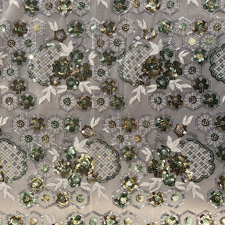 Geometric Floral Vine Sequined Tulle - White/Sea Green