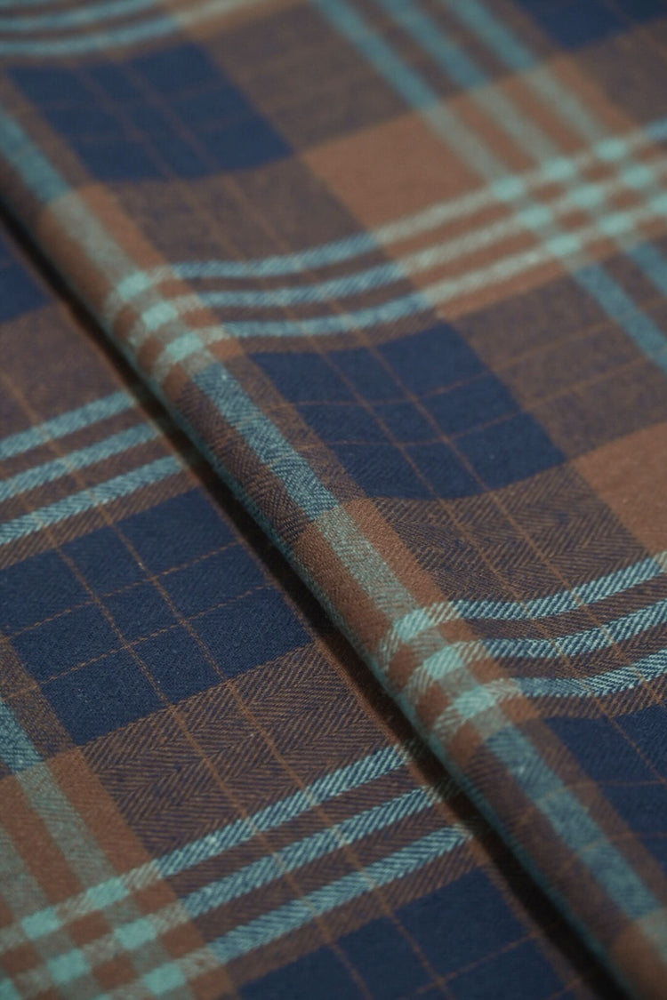 Herringbone Cotton Flannel Check - Midnight Blue/Saddle Brown