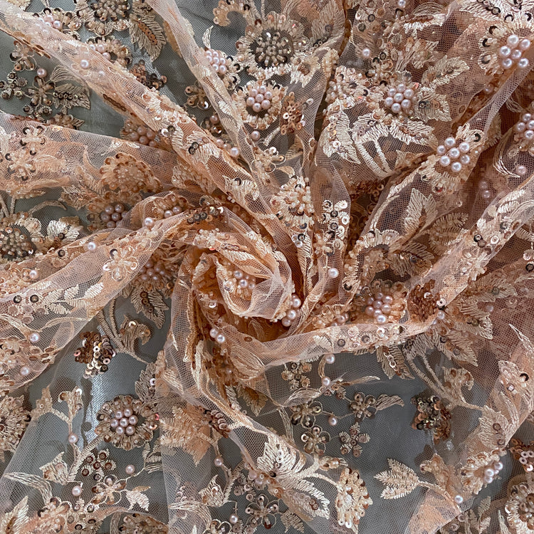 Embellished Flora Net - Light Coral Blush