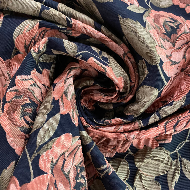 Winter Rose Cloqué Brocade - Pink / Tan / Navy
