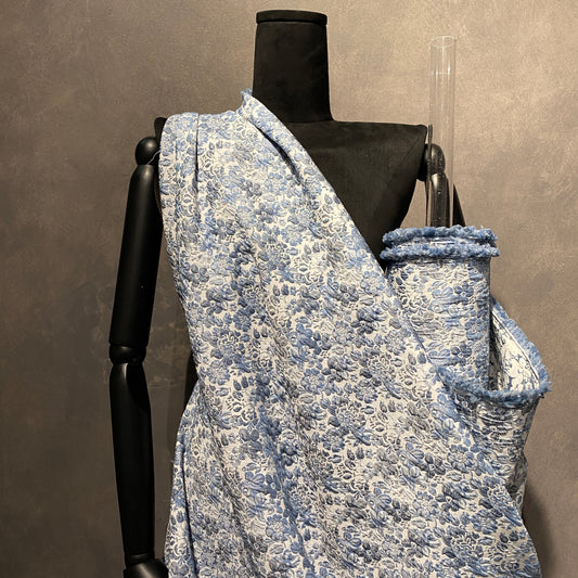 Delicate Floral Poly/Cotton Jacquard - White/Blue Tonal