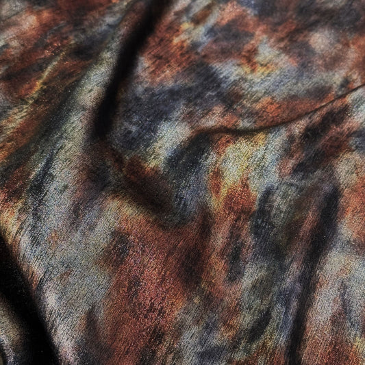 Shibori Dyed Metallic Finished Satin - Burnt Orange/Sienna/Silver/Dark Grey