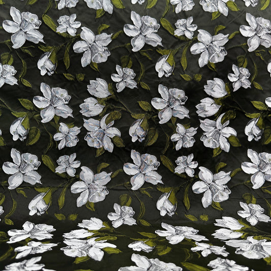 Wrinkled Daffodil Satin Jacquard - Black/White/Moss Green