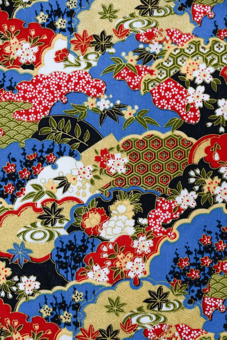 Traditional East Asian Collage - Plain Weave Cotton - Red/Blue