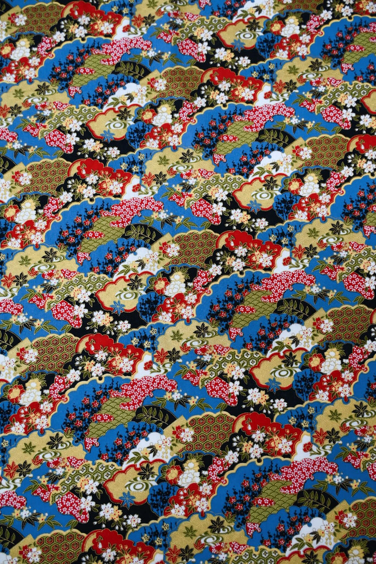 Traditional East Asian Collage - Plain Weave Cotton - Red/Blue