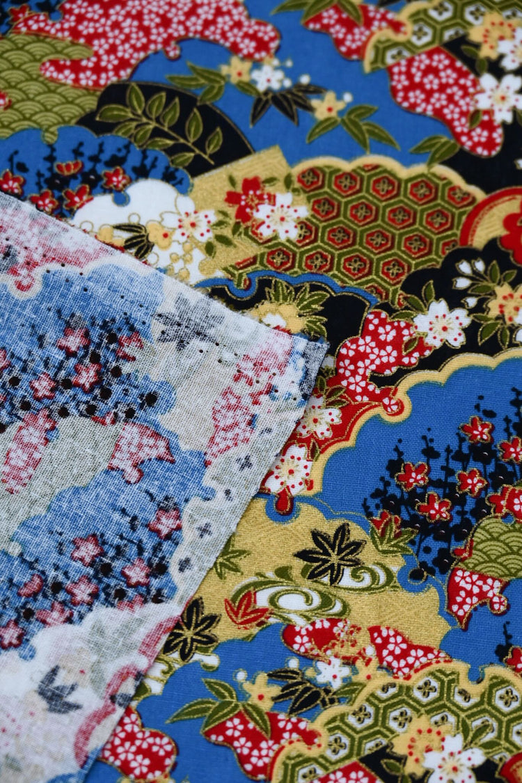 Traditional East Asian Collage - Plain Weave Cotton - Red/Blue