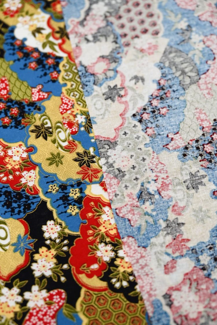 Traditional East Asian Collage - Plain Weave Cotton - Red/Blue