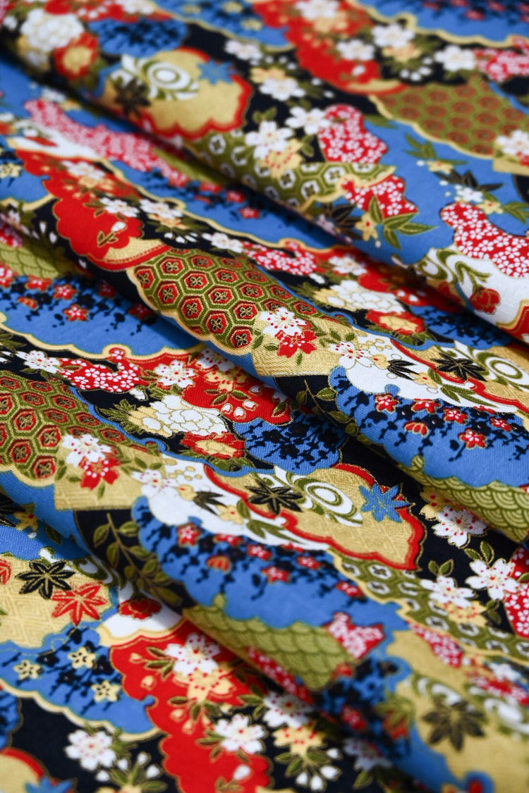 Traditional East Asian Collage - Plain Weave Cotton - Red/Blue