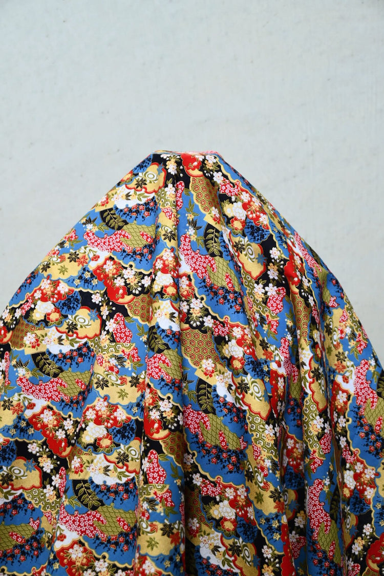 Traditional East Asian Collage - Plain Weave Cotton - Red/Blue