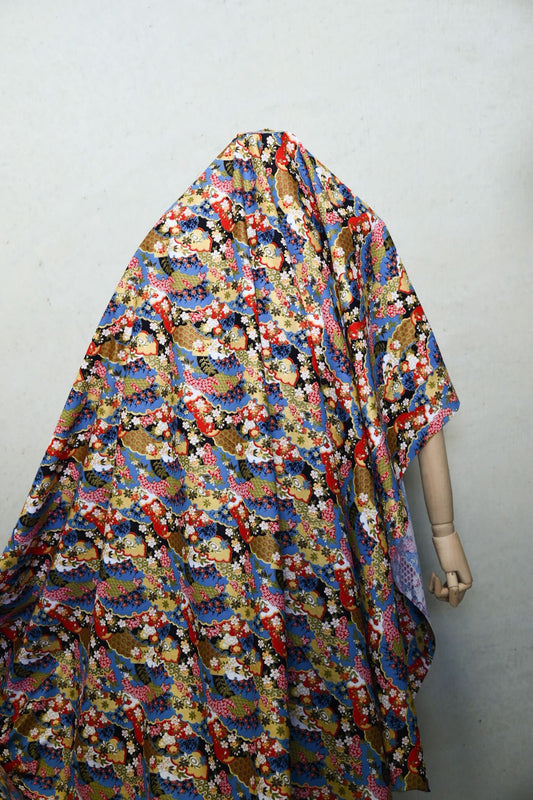 Traditional East Asian Collage - Plain Weave Cotton - Red/Blue